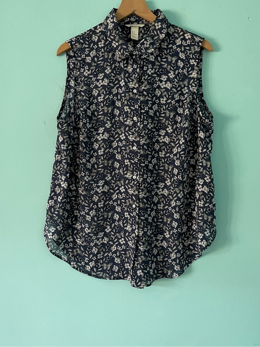 H&M Floral Butterfly Button Down Sleeveless Spring Blouse Blue 12 Boho Whimsy